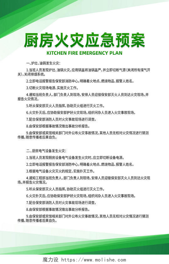 绿色简约厨房火灾应急预案厨房制度海报餐厅文化墙